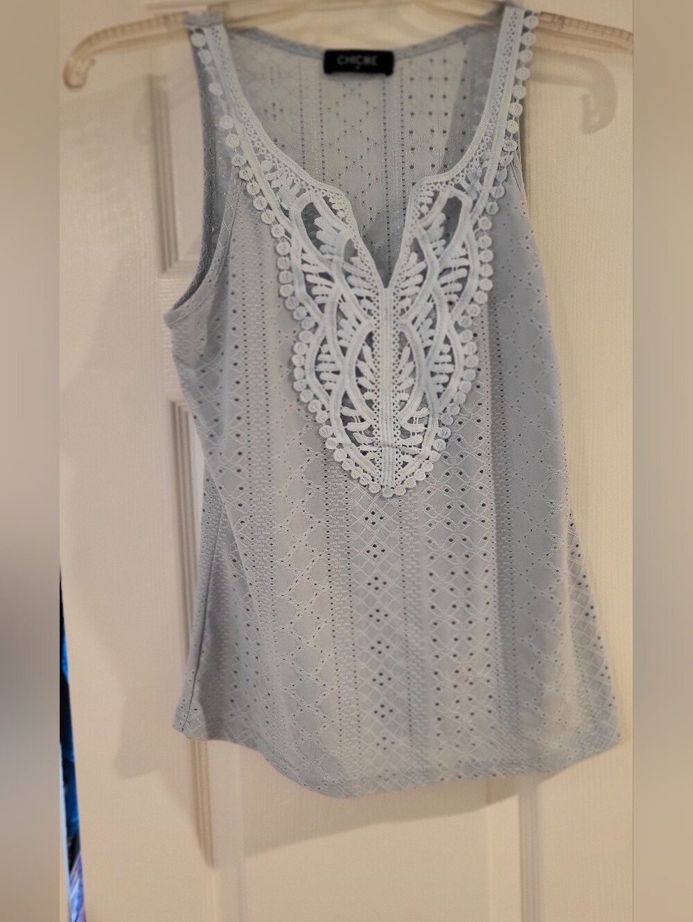 Chico's Pale Blue Eyelet Tank Top with Crochet V-Neck